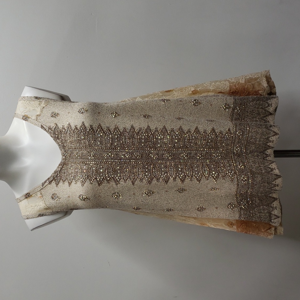 Vocal Rhinestone Embellished Trapeze Knit Tunic Tank Top Lace Inserts Women's S